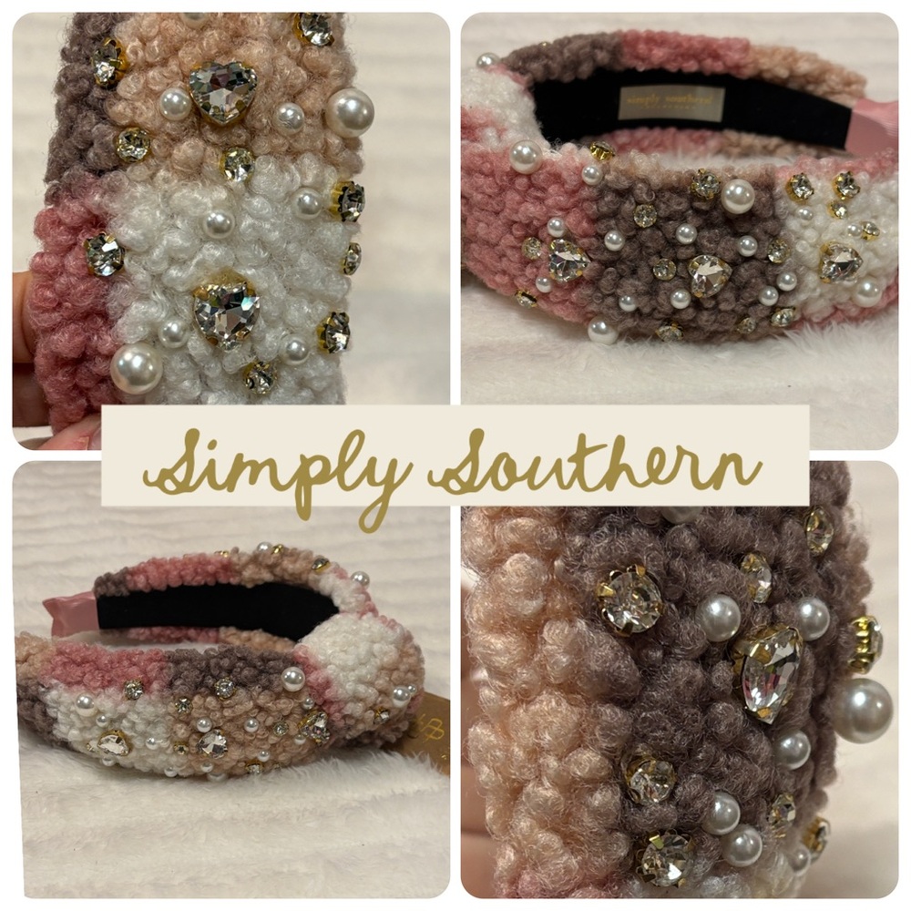 Simply Southern Sherpa Headband Pearlcore Rhinestone Heart Knot Pink Cream